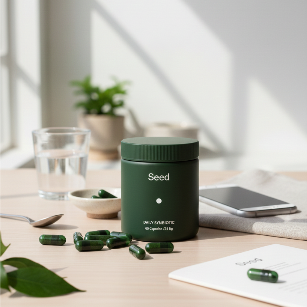 Daily Synbiotic jar on a desk in morning light