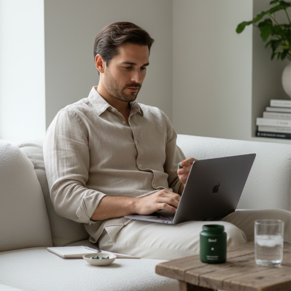 A man relaxing at home with his laptop, Daily Synbiotic jar on the table