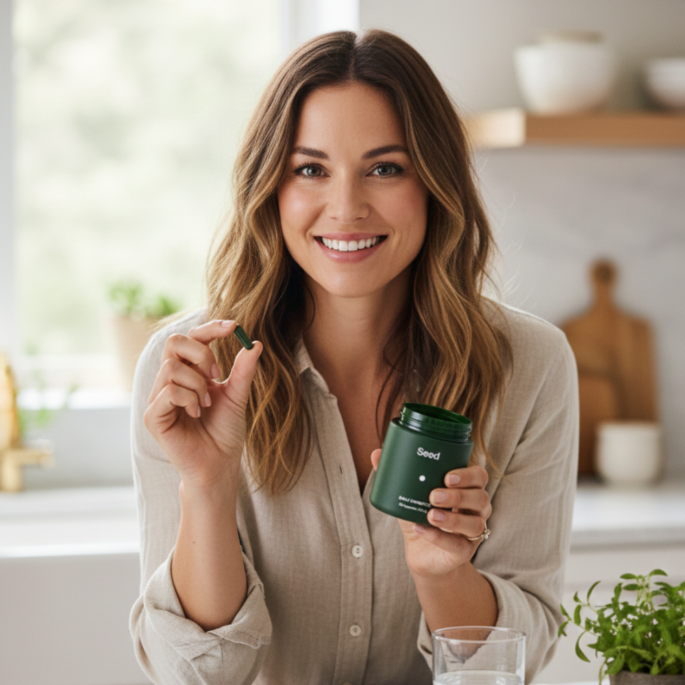 A woman smiling in her kitchen while taking her Daily Synbiotic